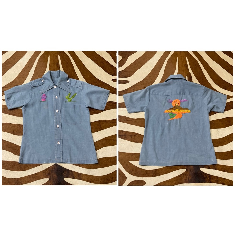 Kids Vintage Embroidered Southwestern Chambray Denim Button Down Top